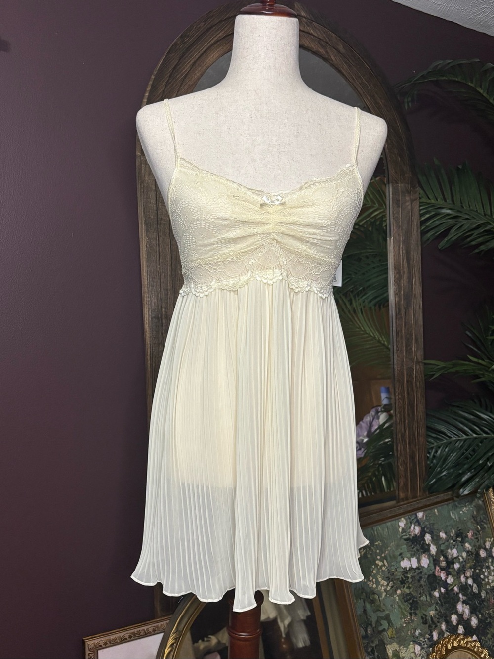 Delicate Ivory Lace & Pleated Babydoll Slip Dress